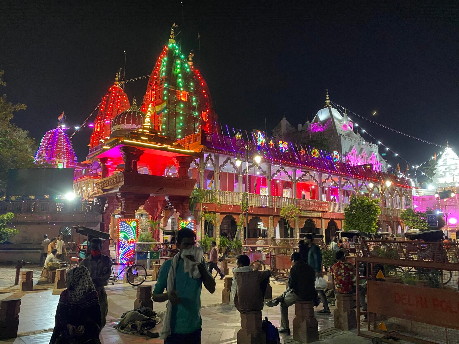 Jain temple illuminated at night near Chandni Chowk, Old Delhi