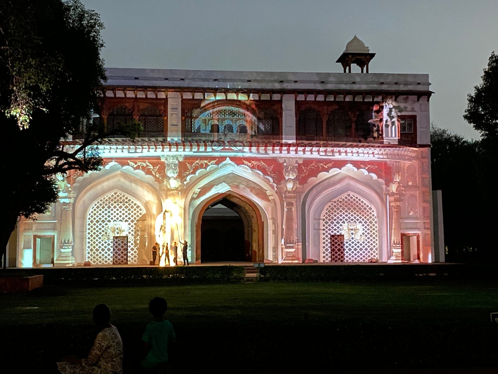 Jai Hind sound and light show illuminating the Red Fort walls in the evening