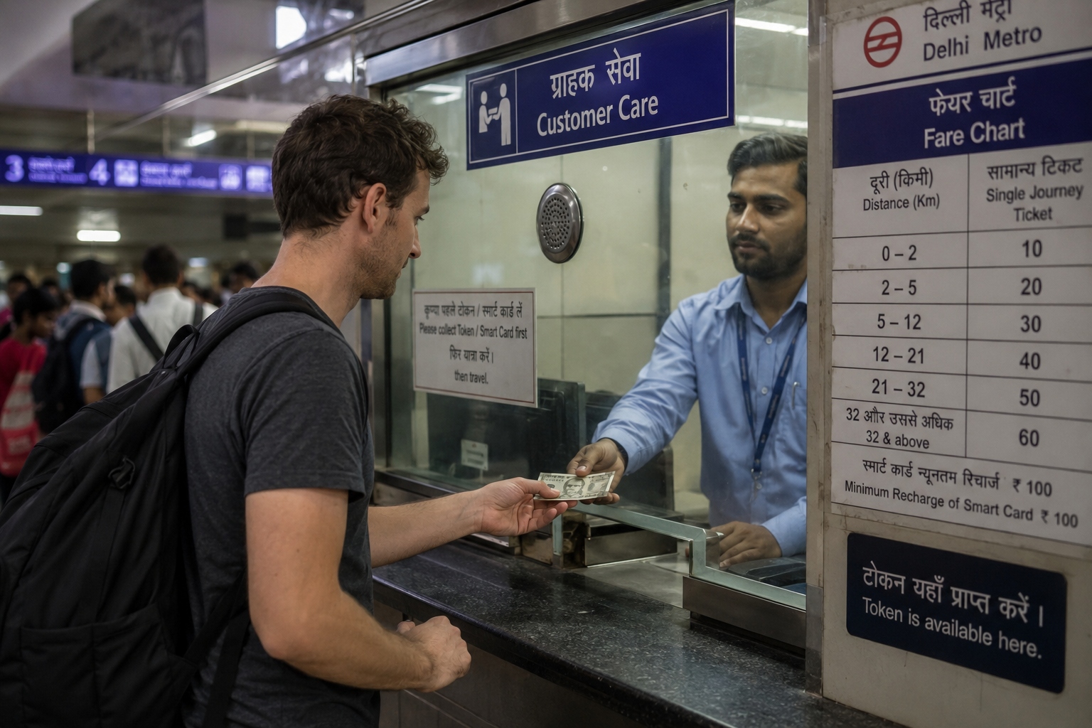 Buying a metro card at the customer service counter at a Delhi Metro station