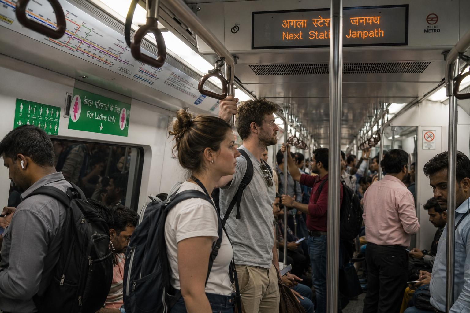 Inside a crowded Delhi Metro train during morning rush hour