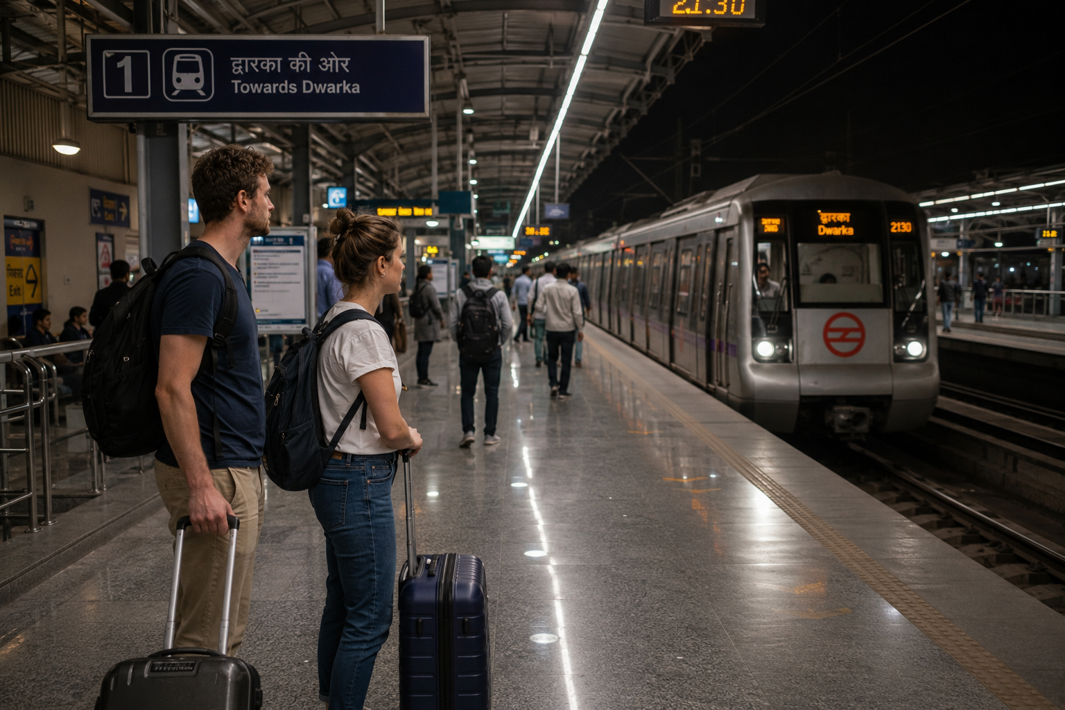 Late evening safe metro travel experience at a Delhi Metro station