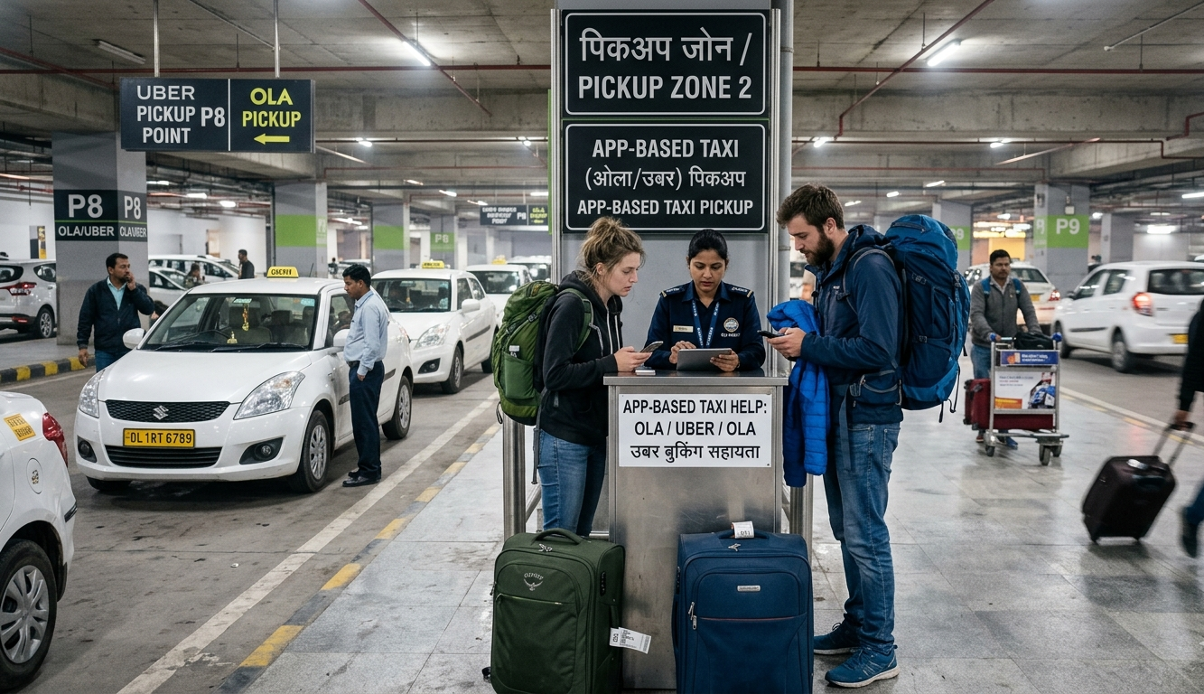 Designated Ola and Uber pickup zone at Delhi airport for safe arrival transport
