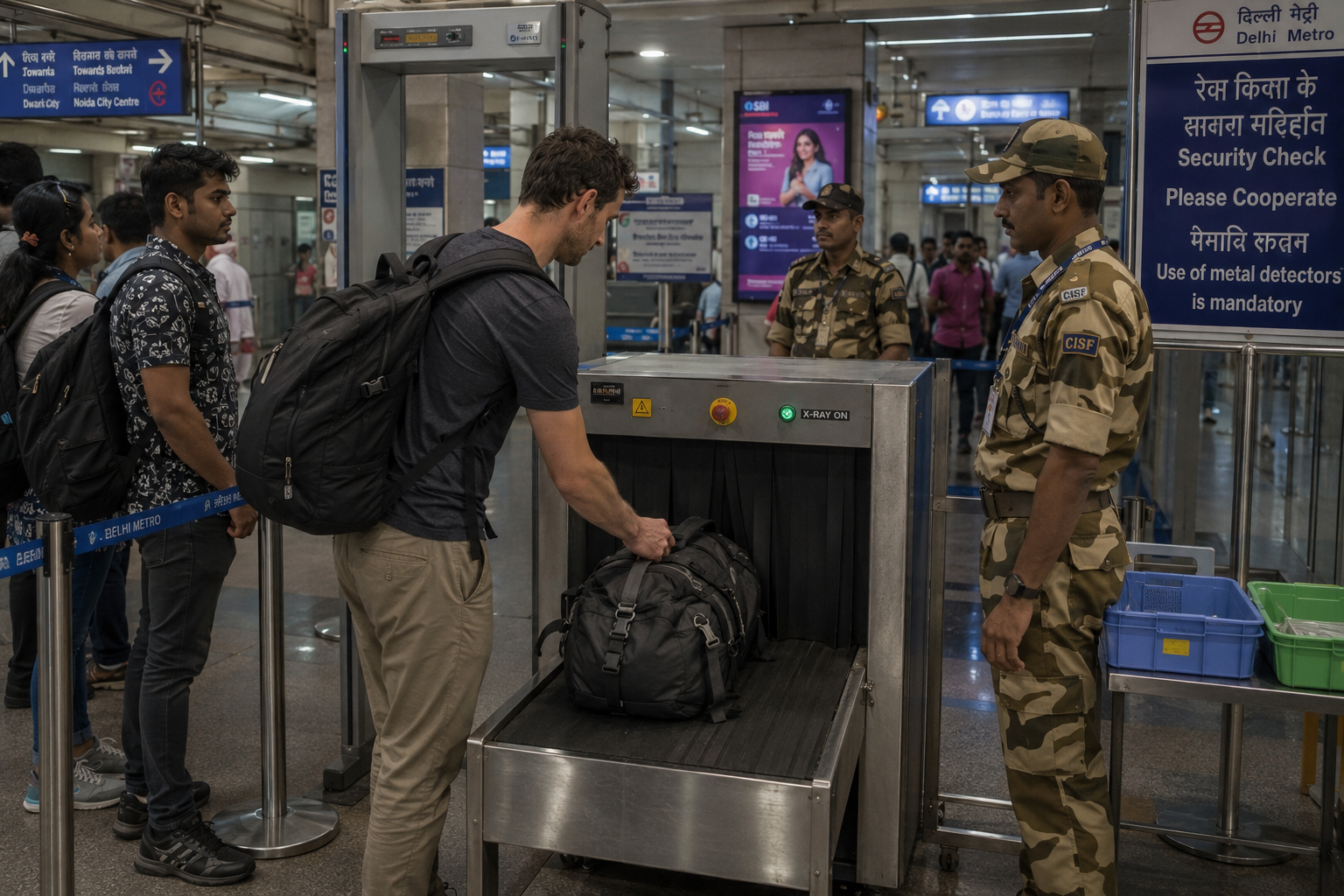 Security check entrance at Delhi Metro station with CISF personnel