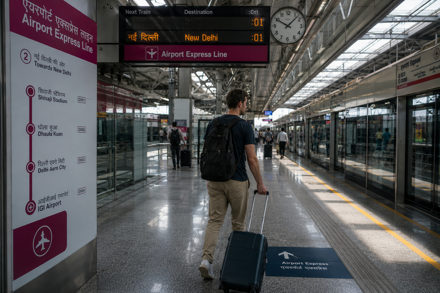 Tourist traveling from IGI Airport to New Delhi city center on the Airport Express metro line