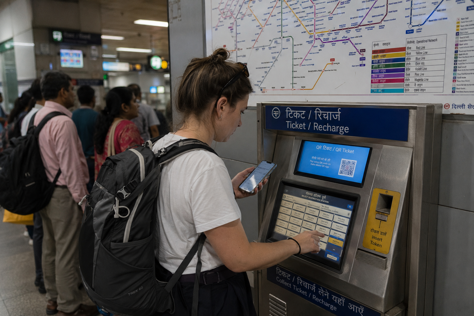 Tourist using a ticket vending machine at Delhi Metro station