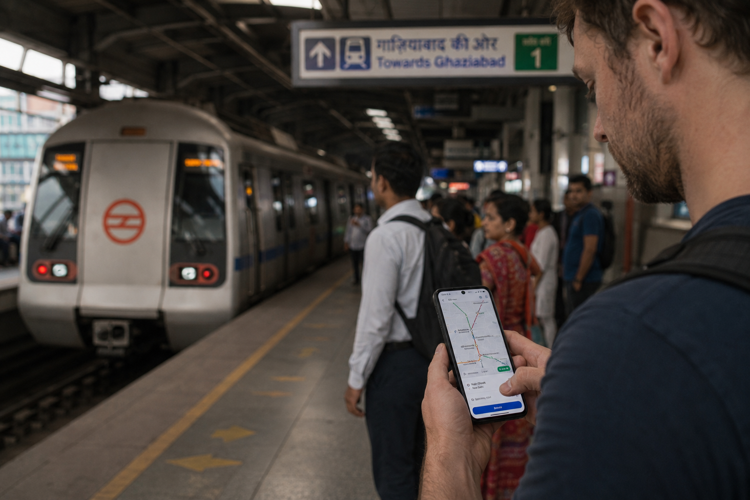 Tourist using phone to navigate Delhi Metro routes using Google Maps