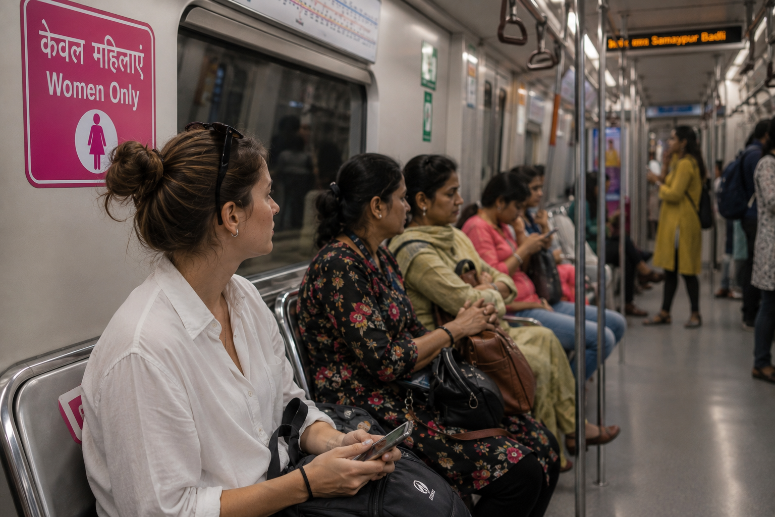 Women-only coach in Delhi Metro with pink signage at platform