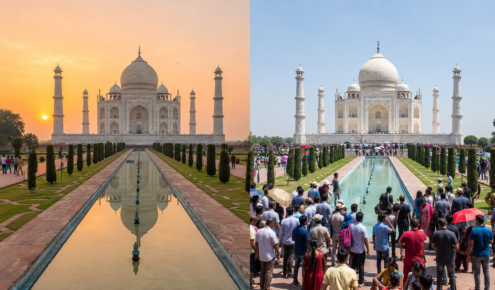 Split scene showing the best and worst times to visit the Taj Mahal in Agra, India