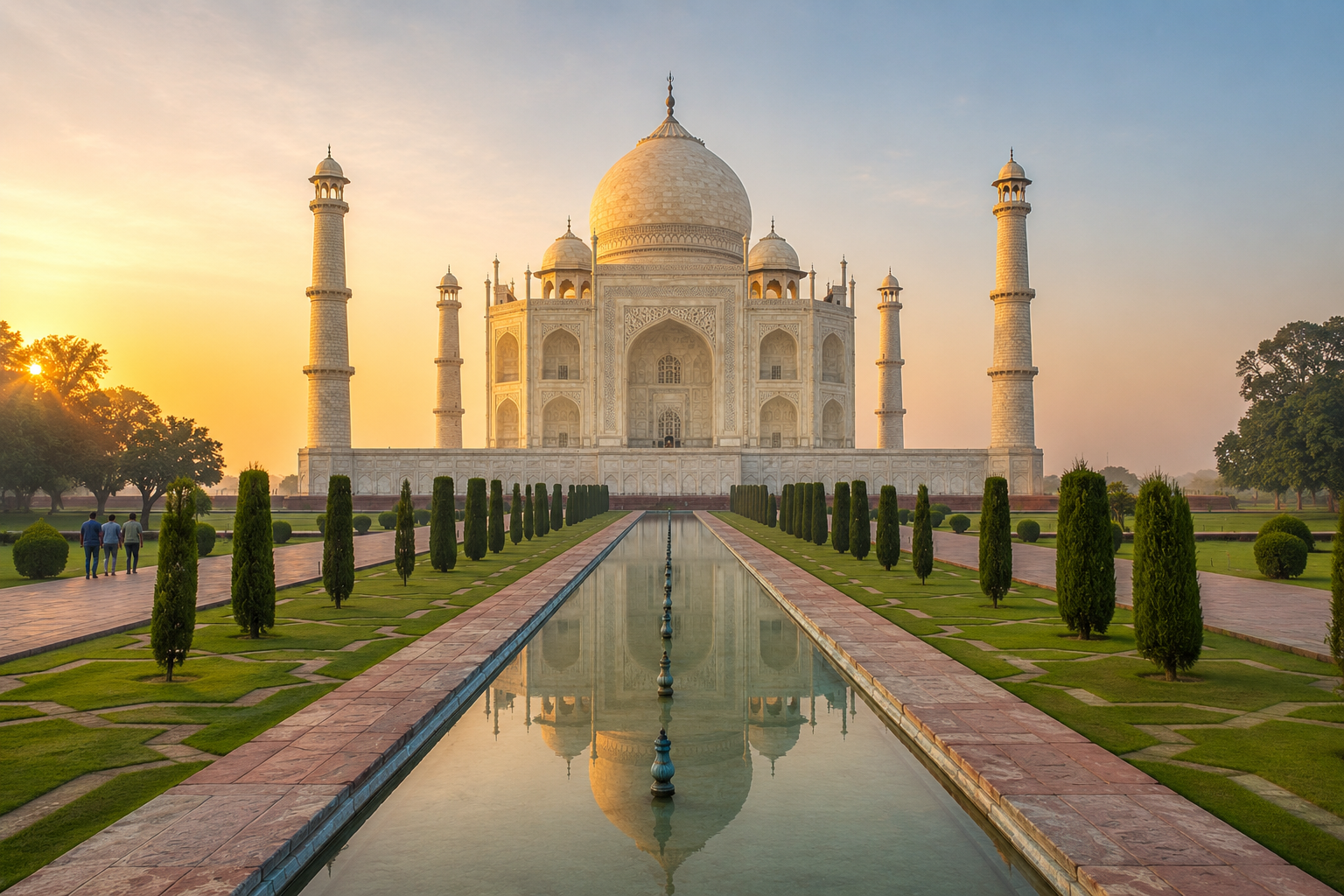 Sunrise scene at the Taj Mahal in Agra India with soft golden light reflecting on the marble