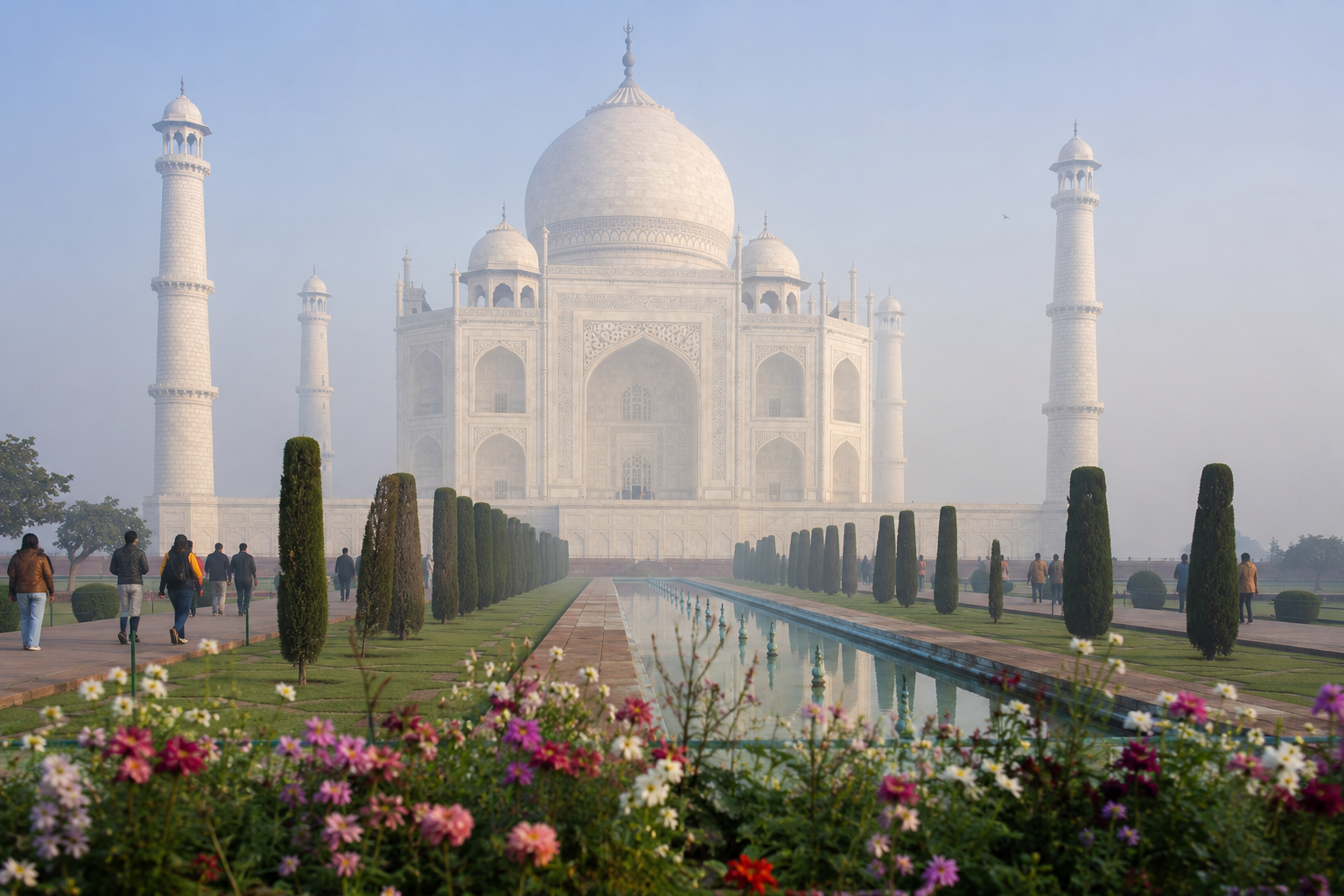 Winter morning scene at the Taj Mahal in Agra with cool mist and early visitors