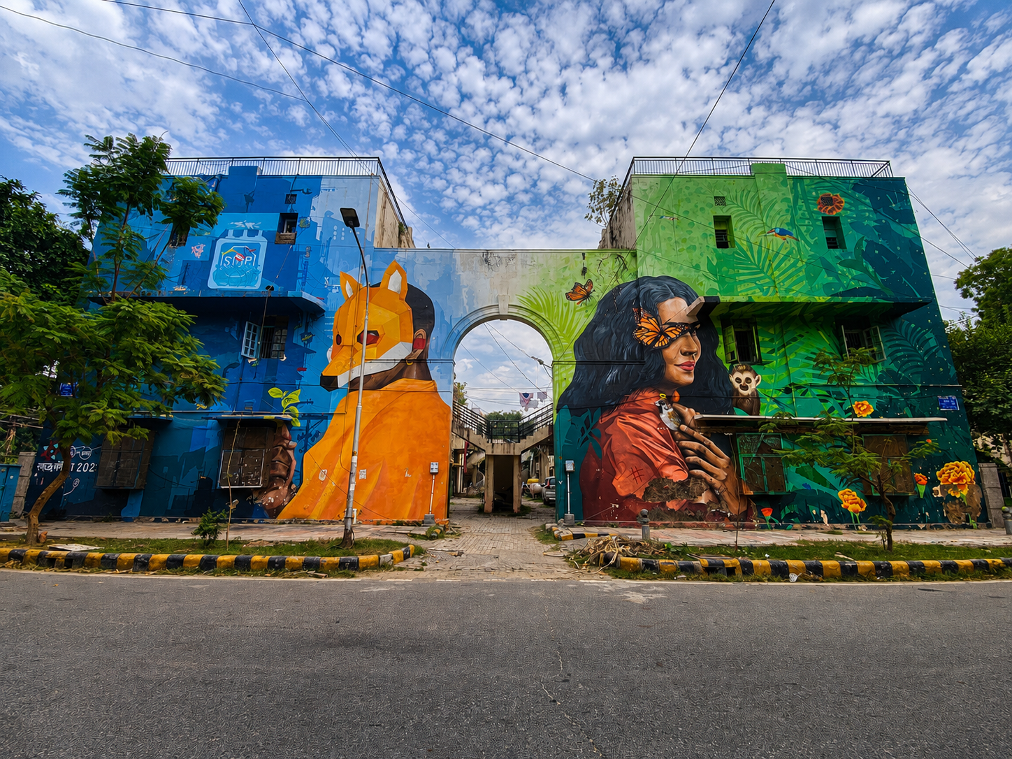 Colourful mural and archway in Delhi street art district