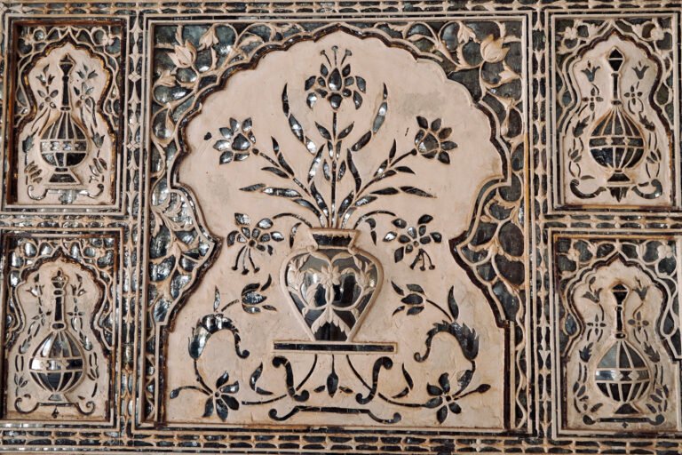 embossed-silver-artwork-in-amber-palace-jaipur-floral-ornament-on-wall-in-amber-fort Embossed silver artwork in Amber palace, Jaipur. Floral ornament on wall in Amber Fort.