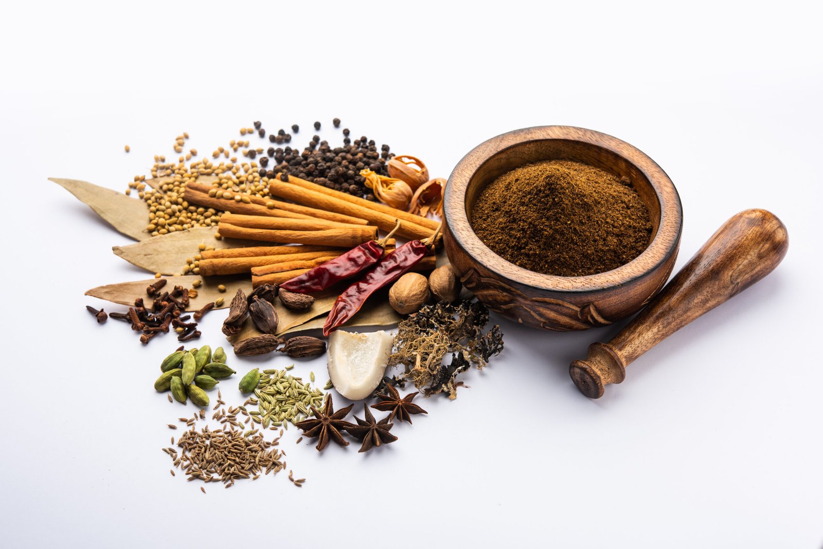 Garam masala powder alongside colourful whole Indian spices