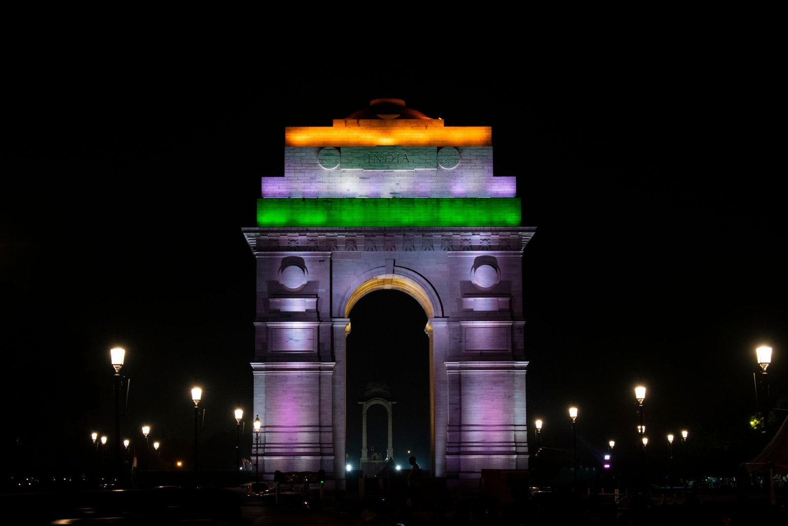 India Gate illuminated at night in New Delhi