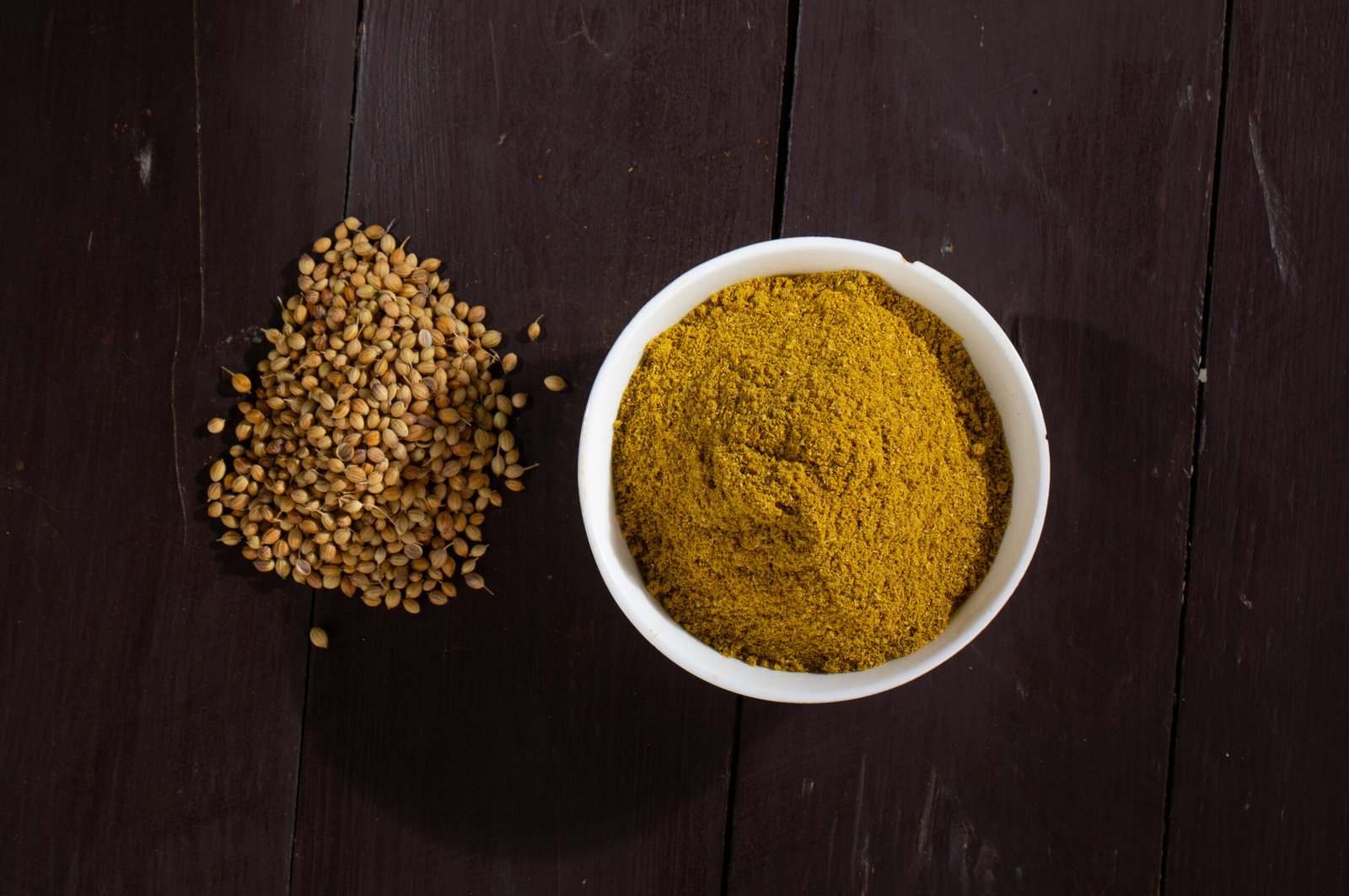 Ground coriander powder, dhaniya, a key thickening spice in Indian curries