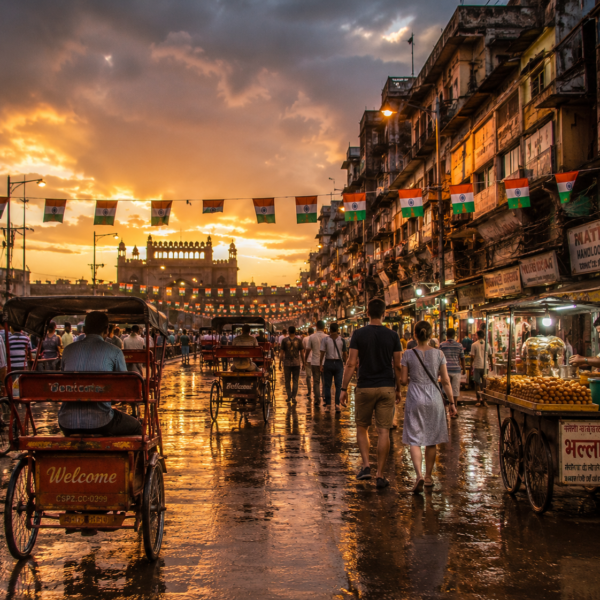 Chandni Chowk at sunset after an August rain, warm golden sunlight