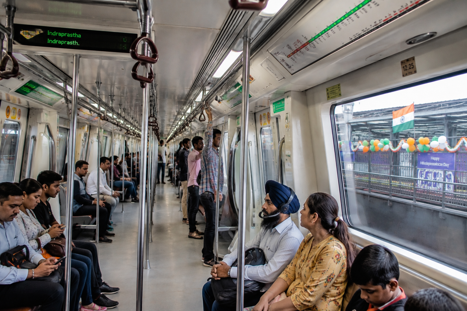 Delhi Metro coach on Independence Day morning with Indian families and foreign tourists commuting