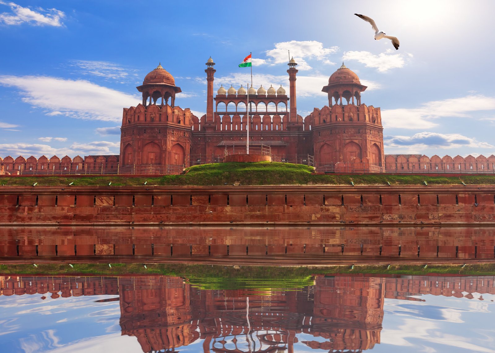 Famous Red Fort of Delhi on a sunny day, a key stop on Golden Triangle tours from the capital