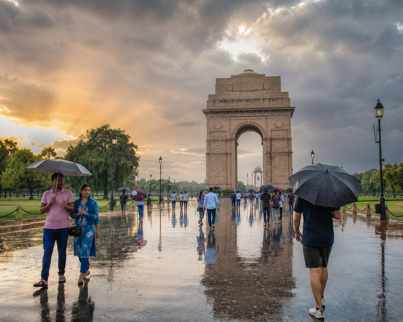 India Gate in New Delhi during a light August monsoon morning with tourists walking under umbrellas