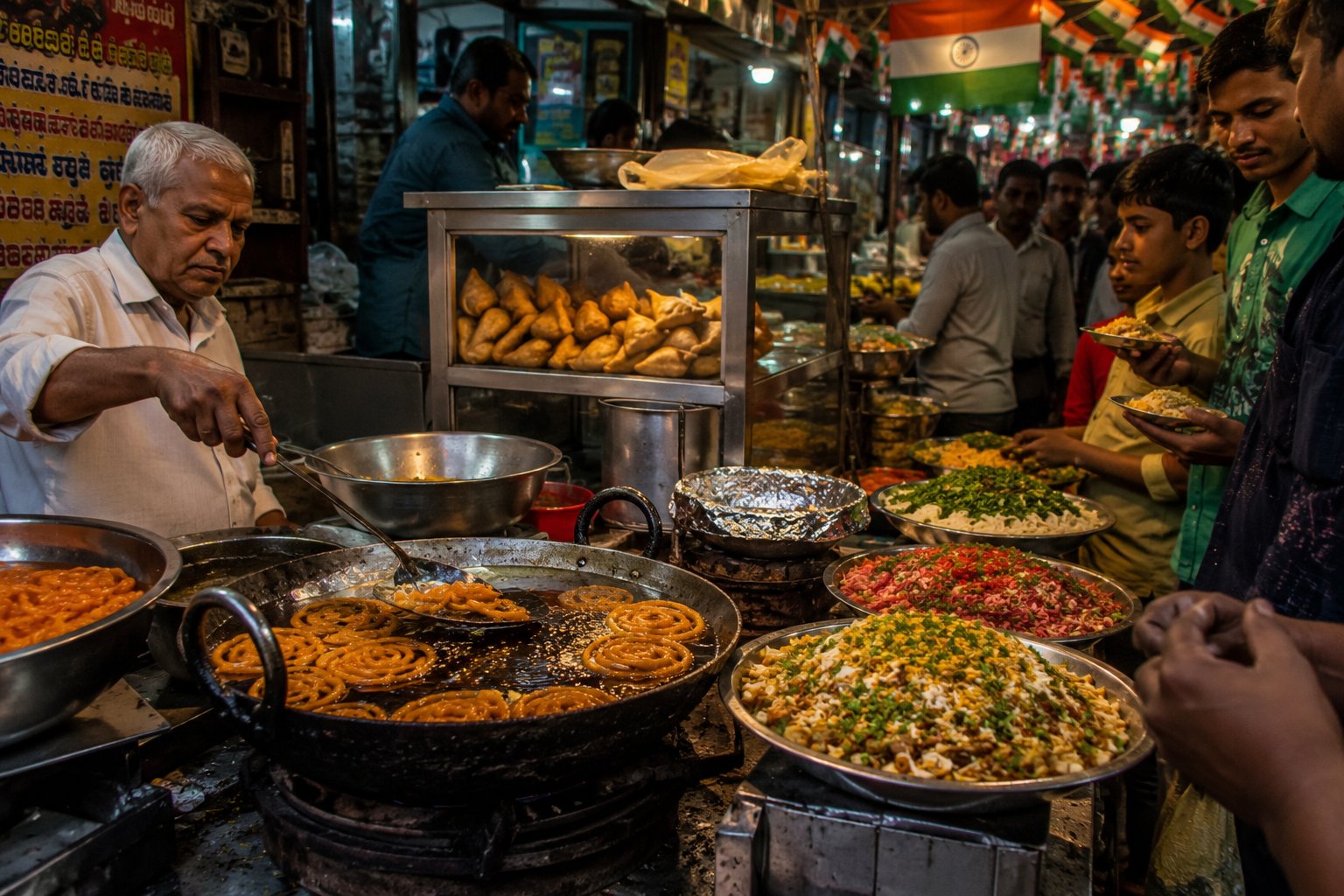 Street food stall in Old Delhi frying crispy samosas and hot jalebi during Independence Day celebrations