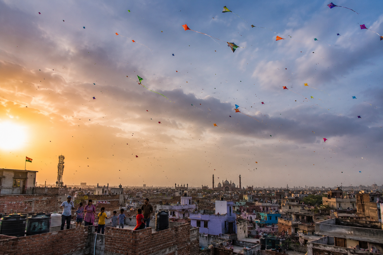 Old Delhi rooftops on Independence Day with families flying kites beneath monsoon clouds