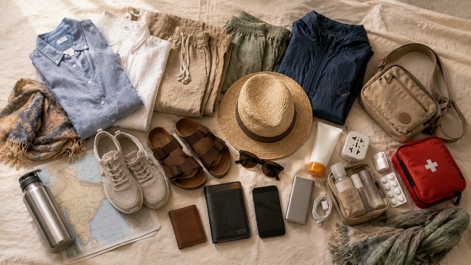 Flat lay of essential travel items to pack for a first trip to India