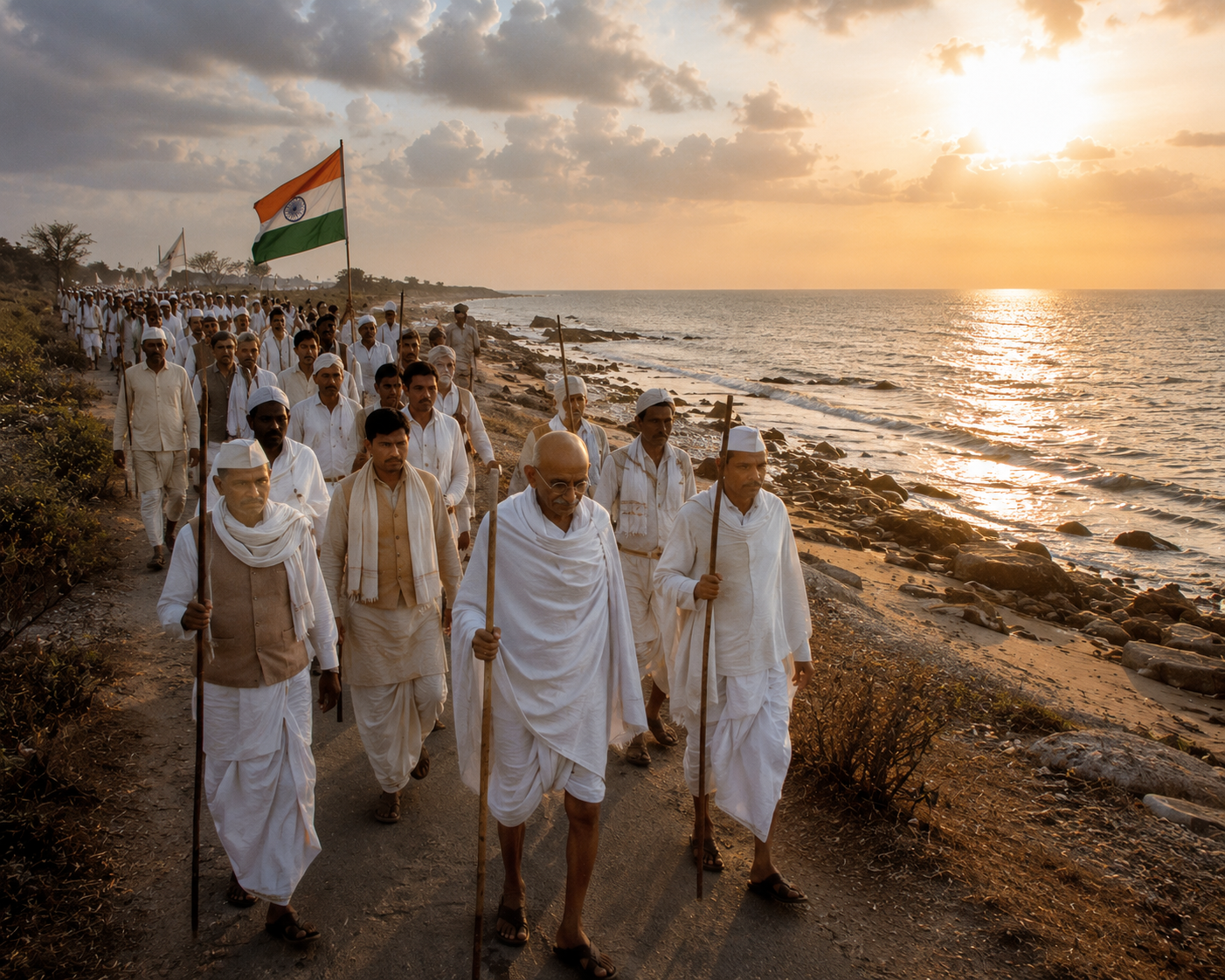 Group of Indian marchers walking along a coastal road toward the Arabian Sea during the 1930 Salt March