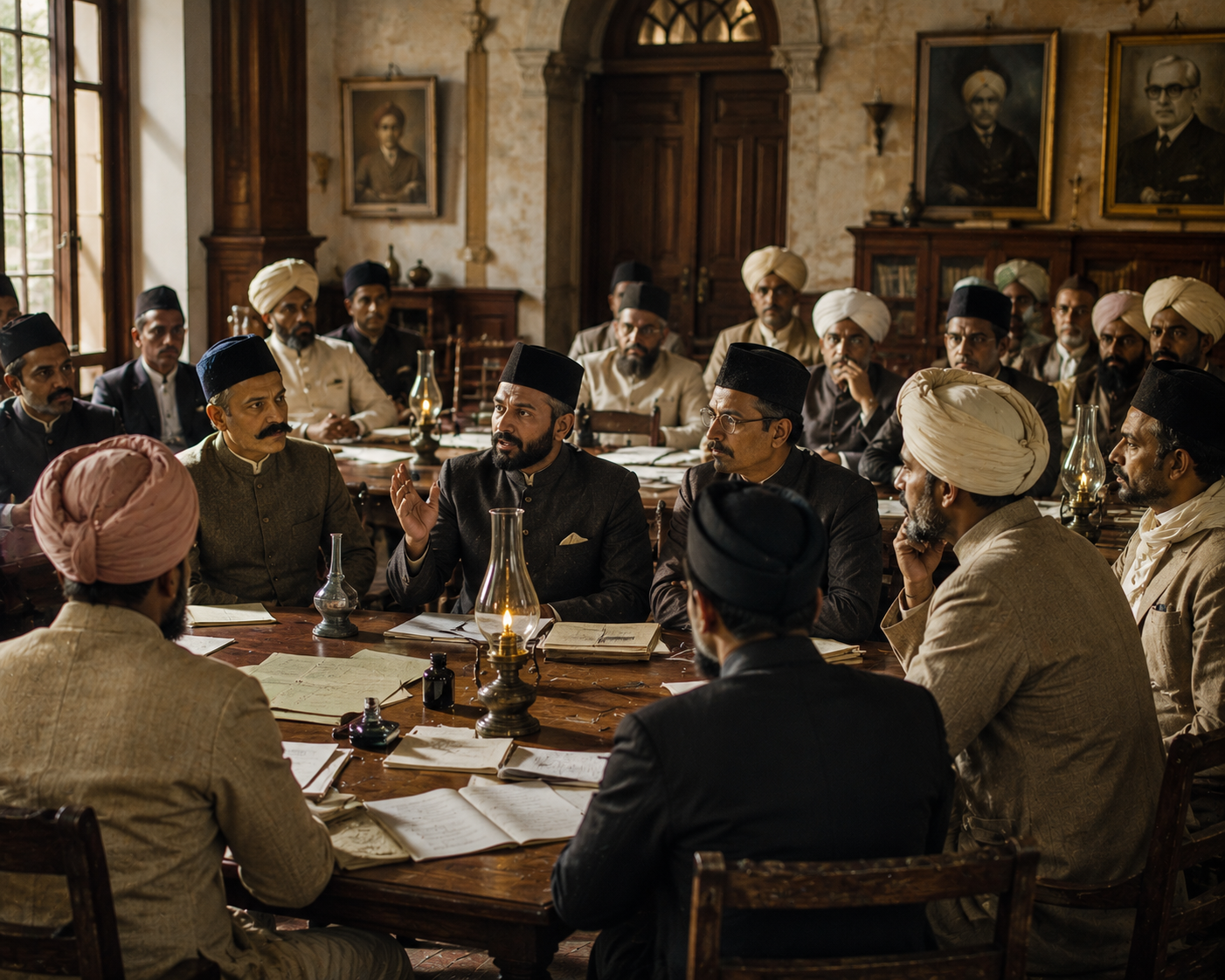 Educated Indian men in nineteenth century attire gathered inside a colonial era meeting hall discussing self rule