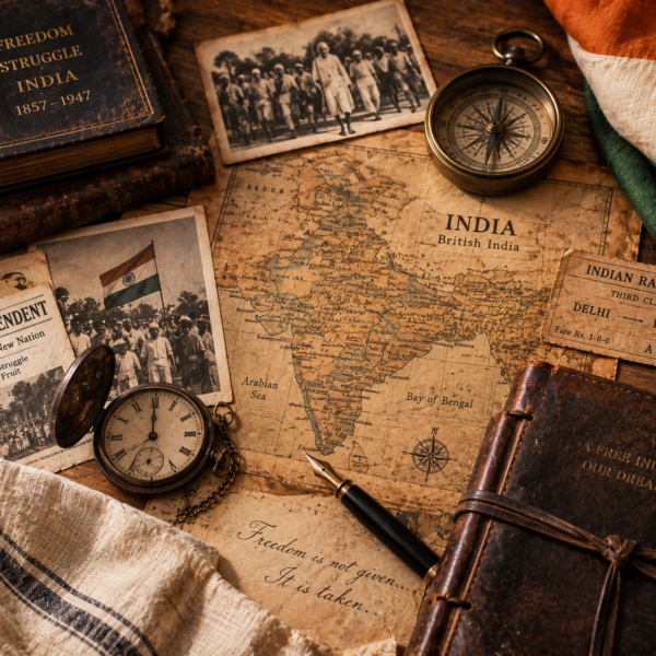 handwritten documents, folded khadi fabric, old railway ticket, vintage map of British India, weathered leather journal, compass, parchment textures