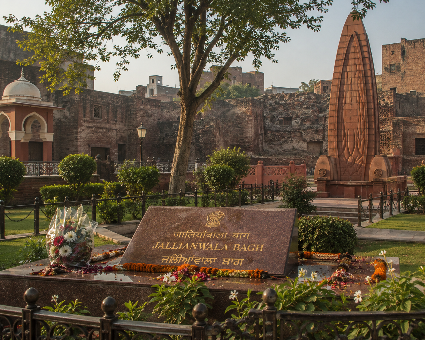 Peaceful memorial garden at Jallianwala Bagh in Amritsar, site of the 1919 massacre