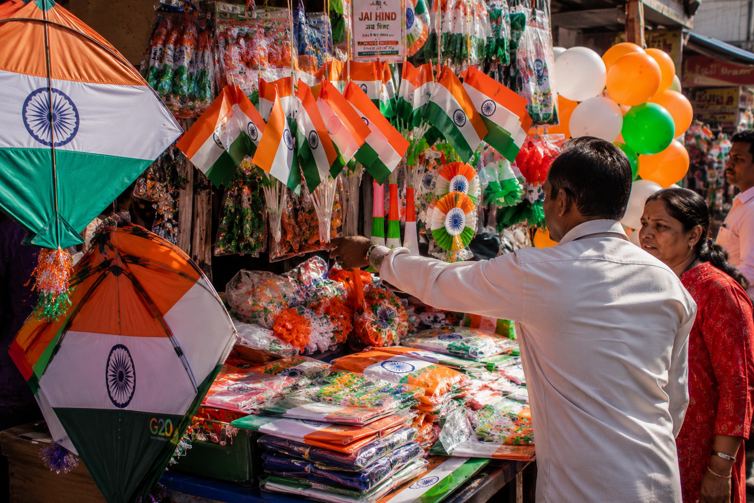 Delhi shop displaying hundreds of handmade kites, flags and paper decorations in saffron, white and green before Independence Day