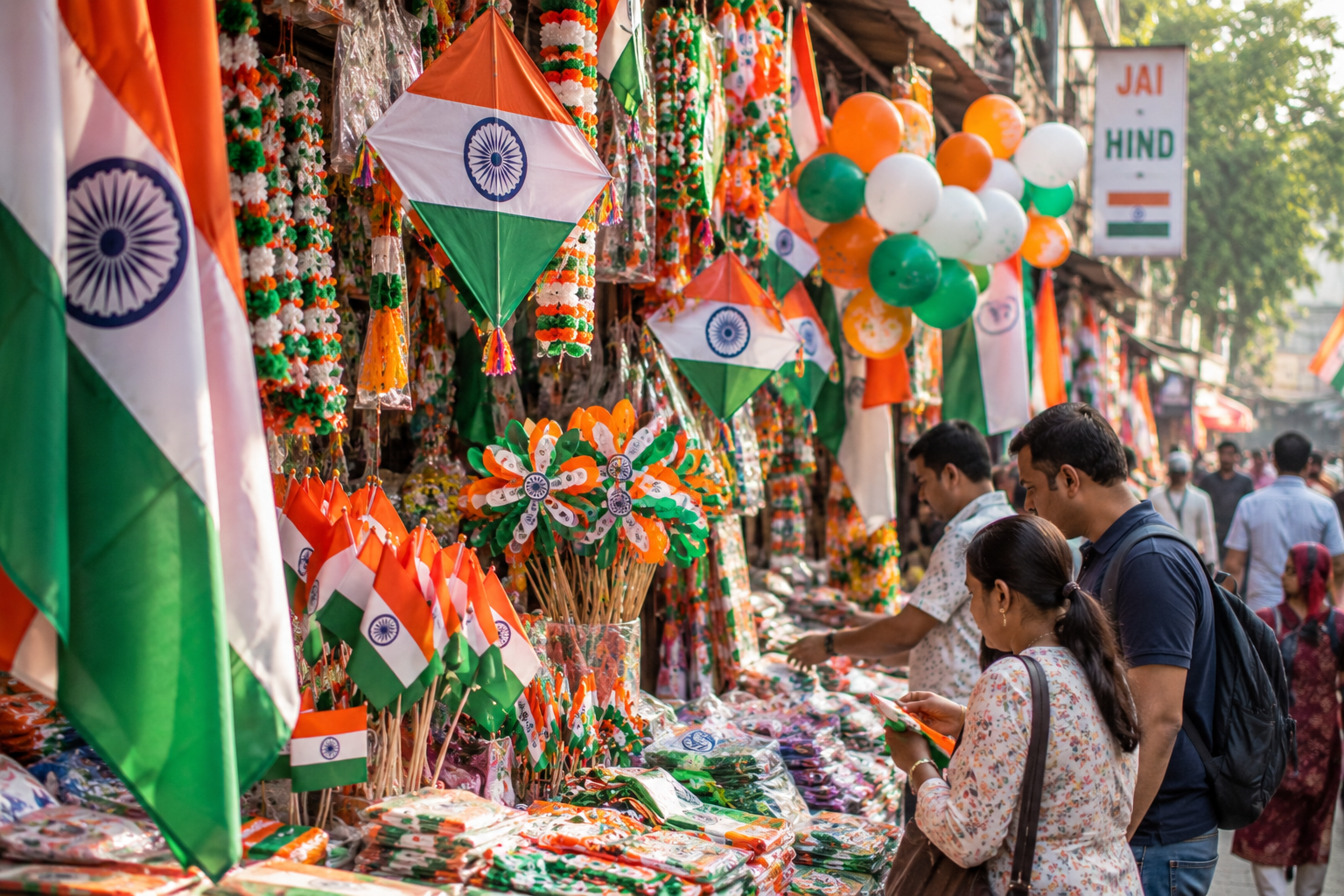 Street market in Delhi with vendors selling flags and patriotic decorations ahead of Independence Day