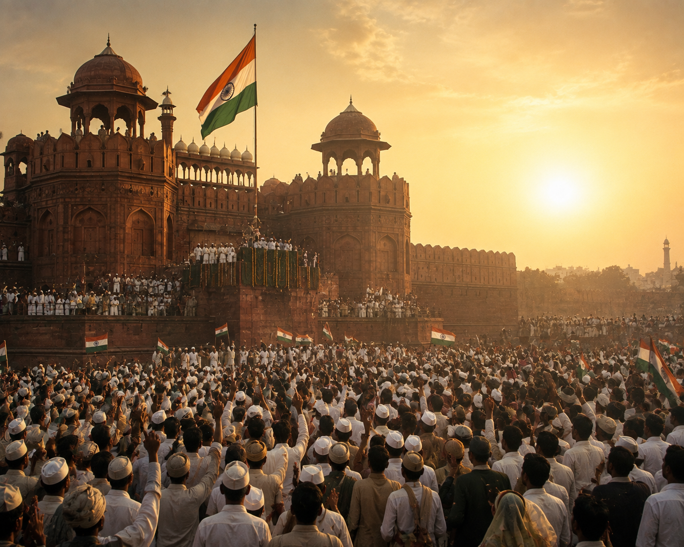 The Red Fort in Delhi illuminated by the first light of independent India on August 15, 1947