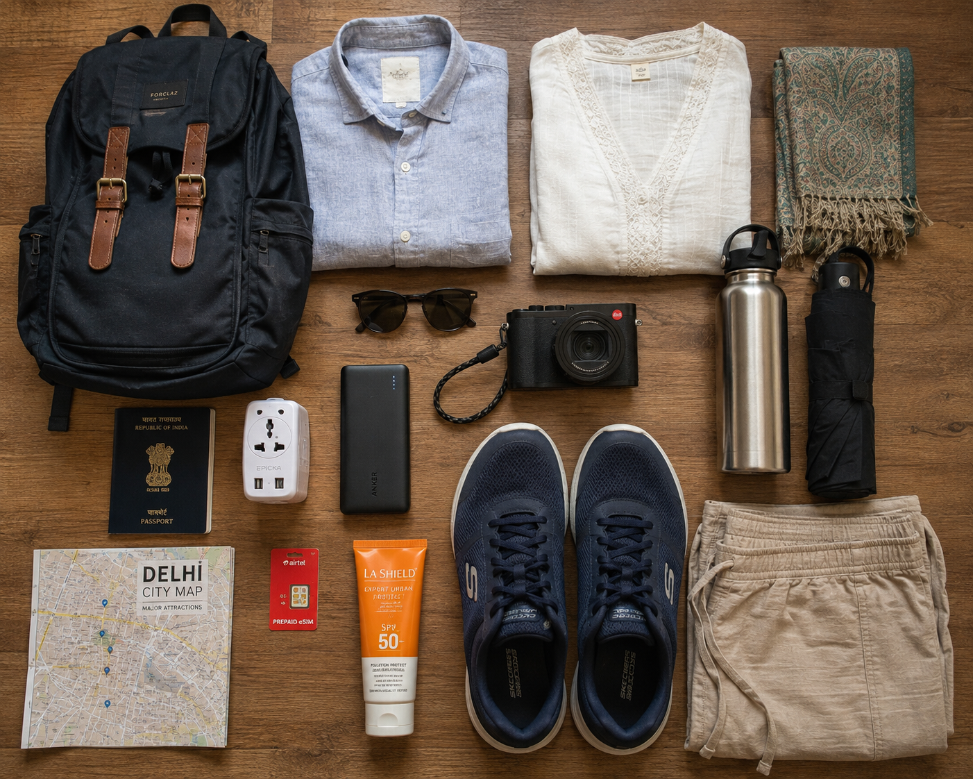 Travel essentials for visiting India in August including passport, camera, and lightweight cotton clothing