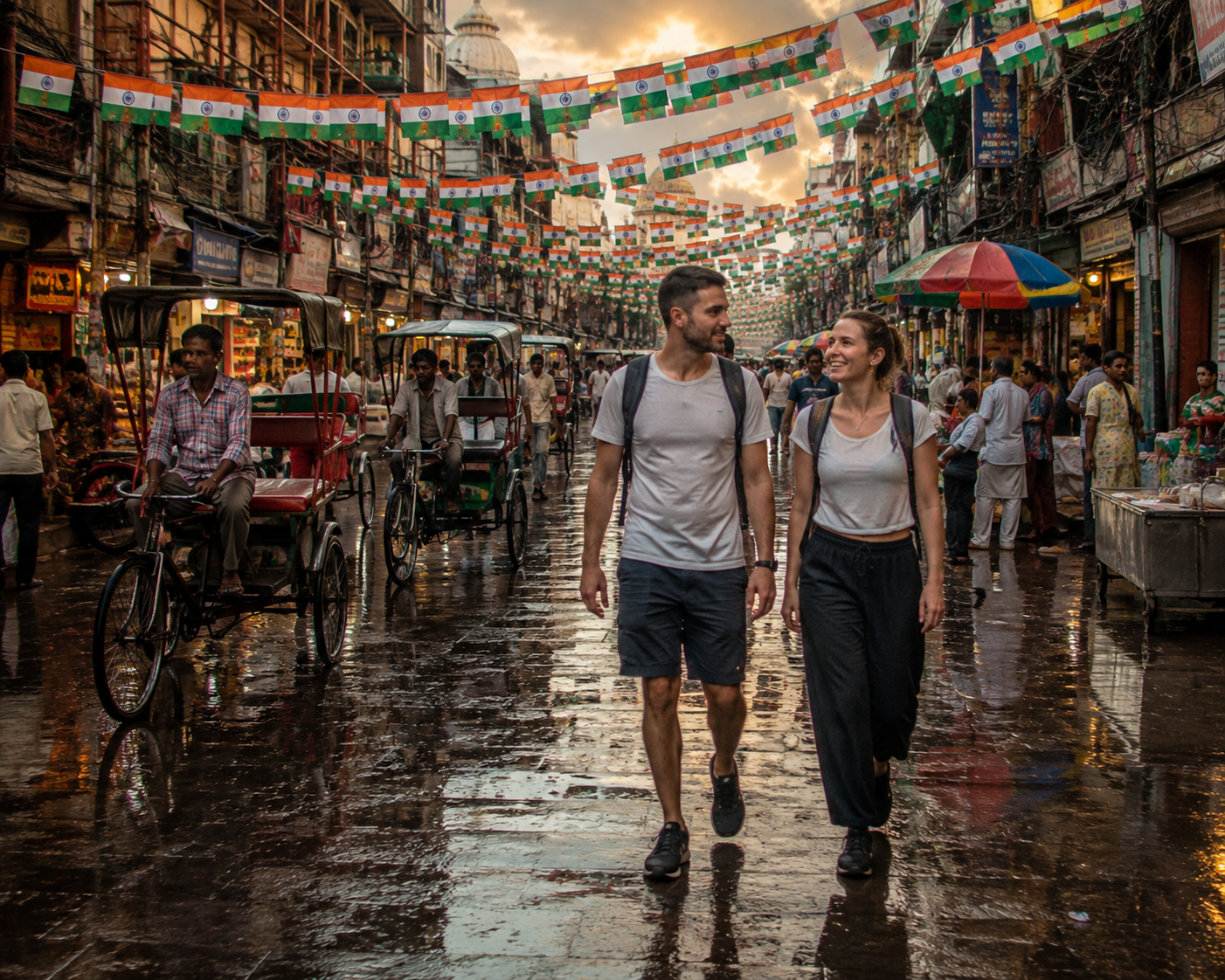 Foreign tourists walking through Chandni Chowk in Old Delhi during the August monsoon