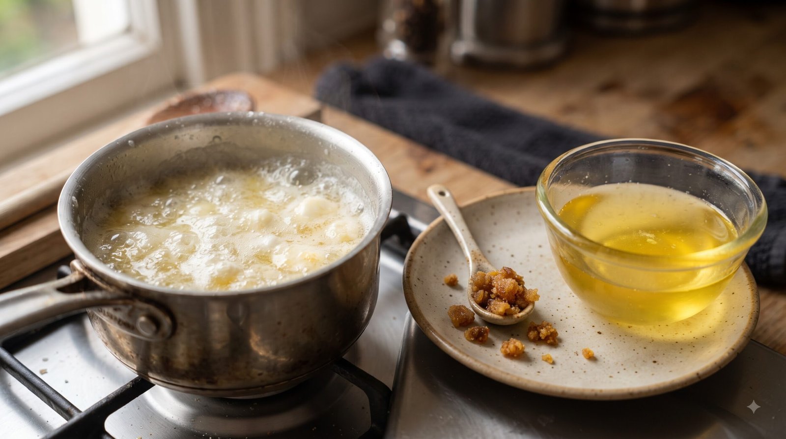 Butter with visible milk solids compared with clear strained ghee