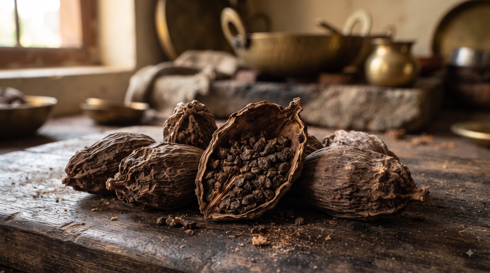 Whole cardamom pods on a wooden surface ready for use in Indian cooking