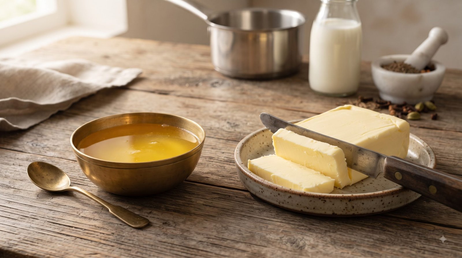 Ghee and butter side by side in an Indian kitchen showing the difference in colour and texture