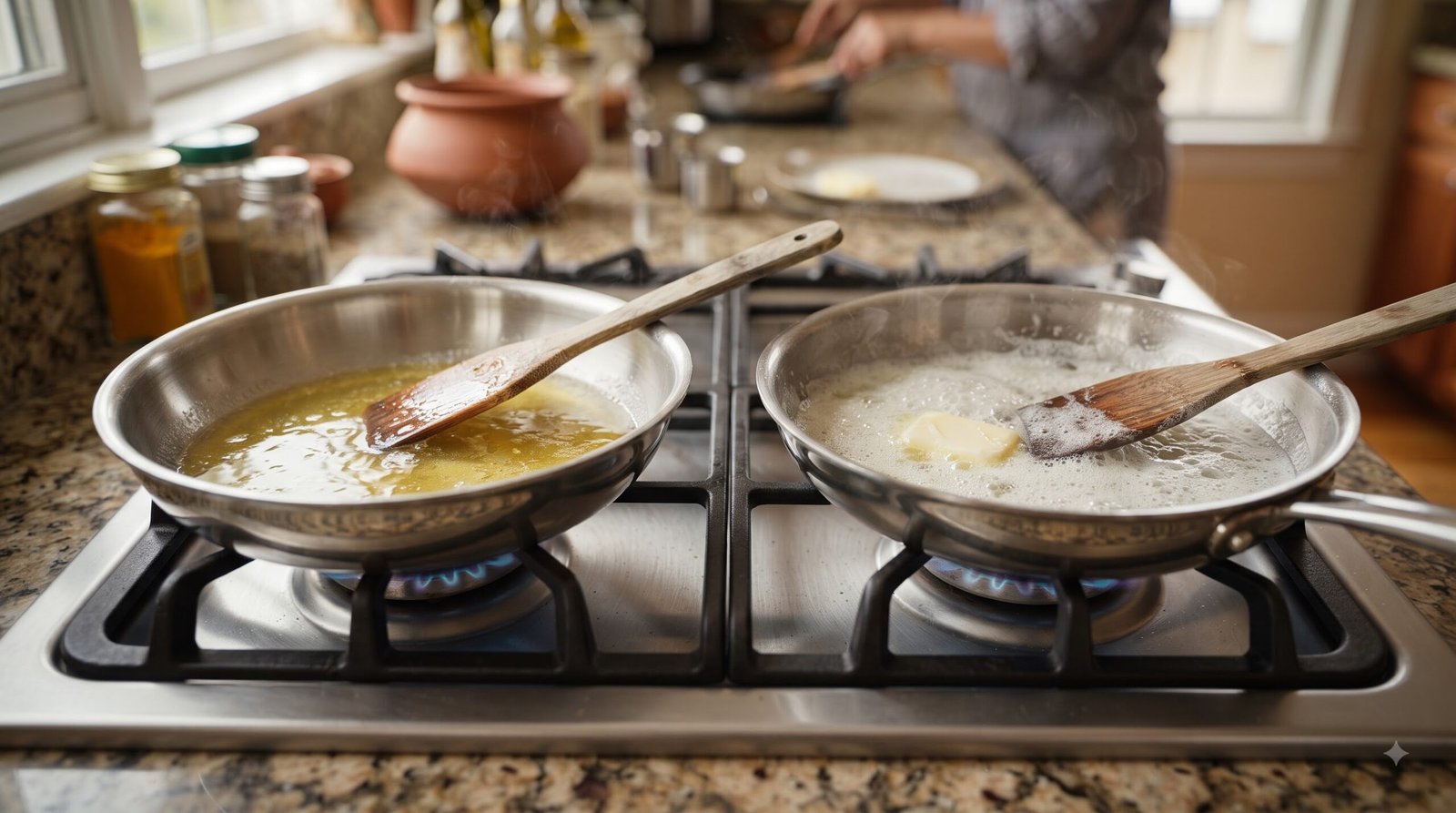 Cooking with ghee and butter in two pans to compare browning and flavour