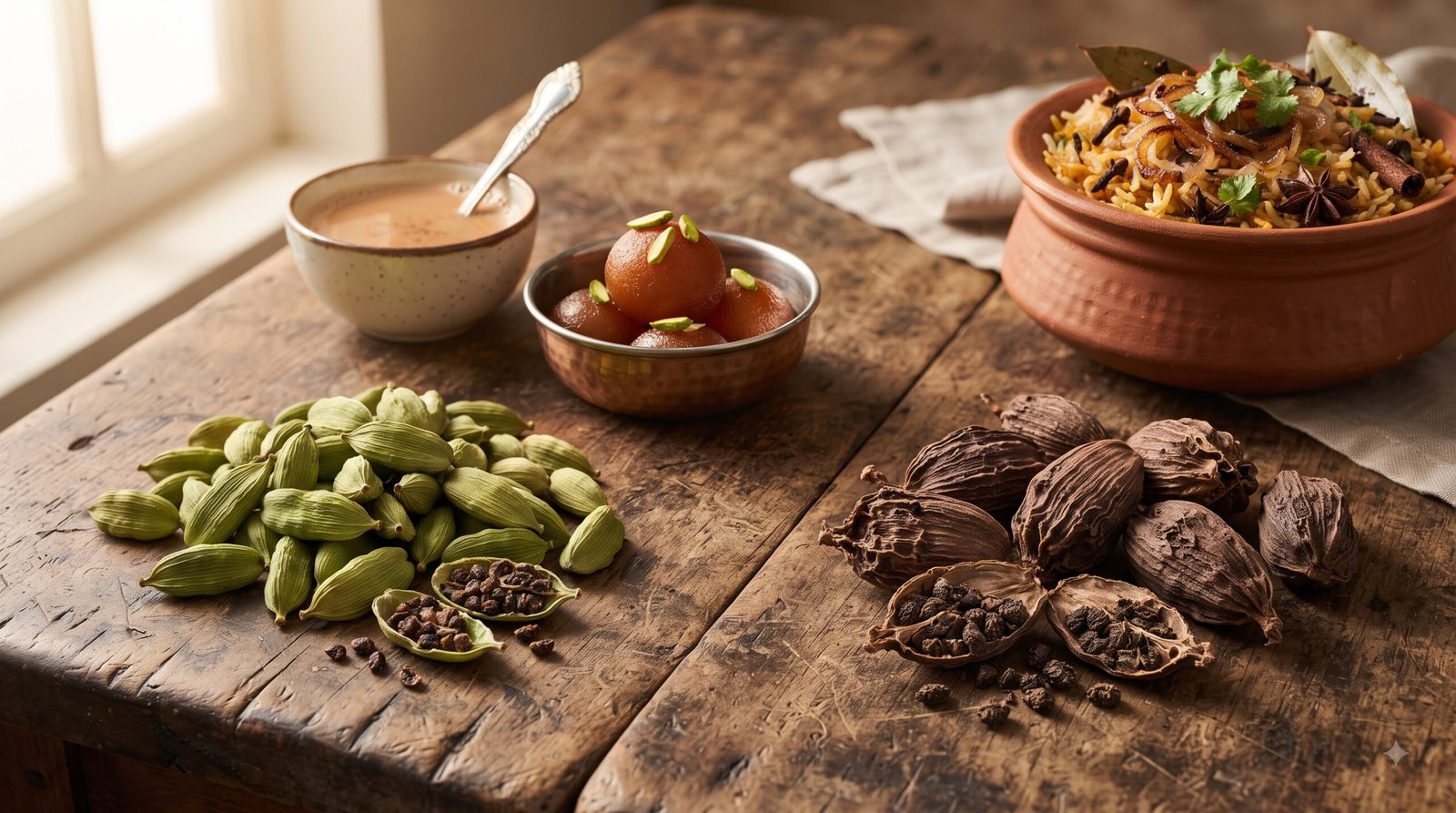 Green and black cardamom compared in gulab jamun, biryani and masala chai