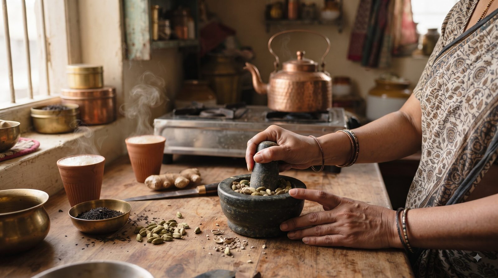 Crushing green cardamom pods in a mortar for Indian masala chai