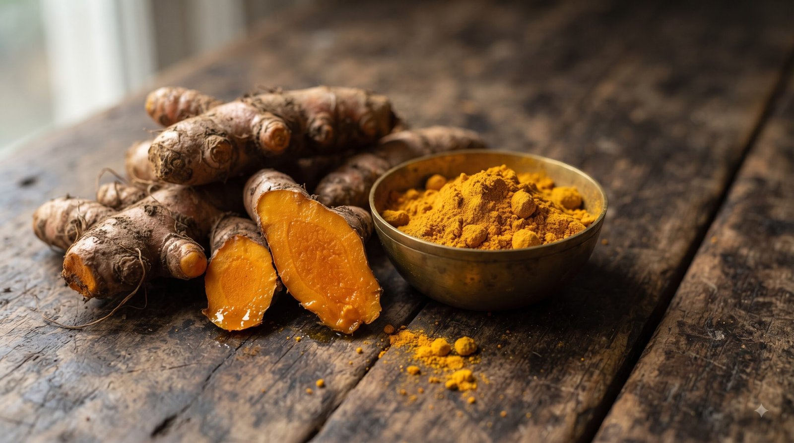 Fresh turmeric root next to ground turmeric powder