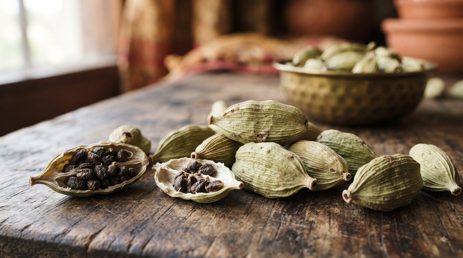 Fresh green cardamom pods on a surface, the elaichi used in Indian chai and desserts