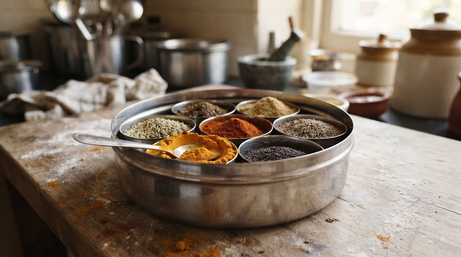 Indian masala dabba spice box with turmeric