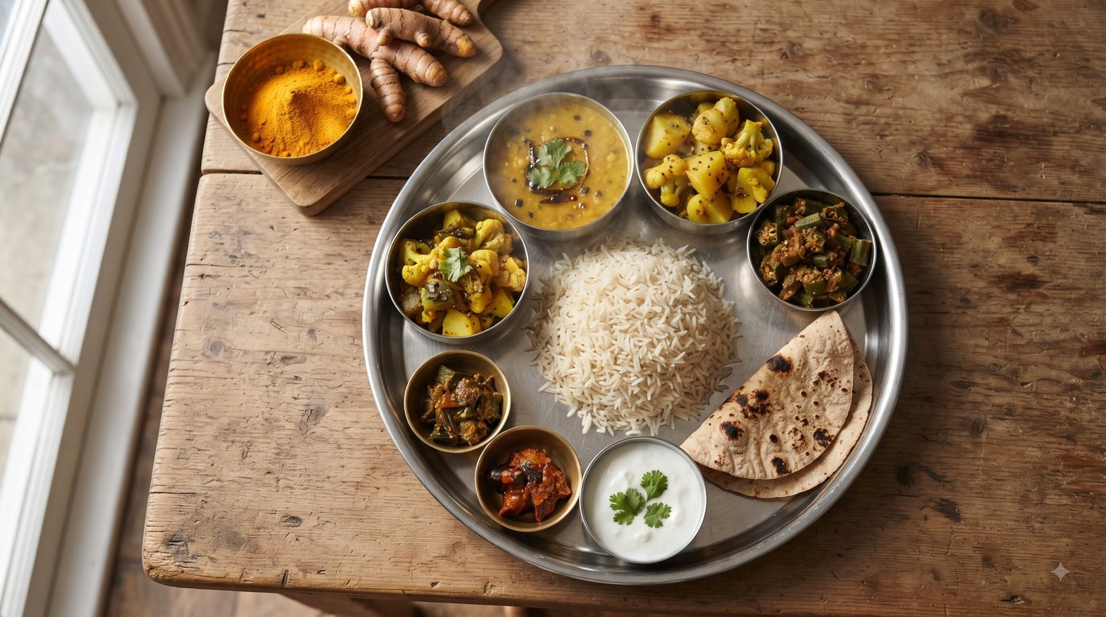 Indian thali meal with turmeric flavored dishes