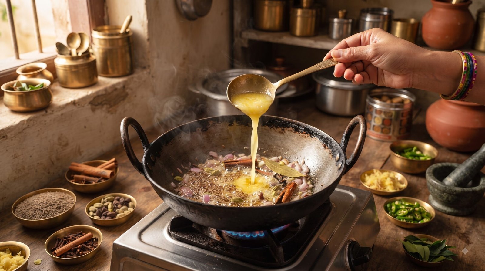Ghee being poured into a hot pan for Indian cooking