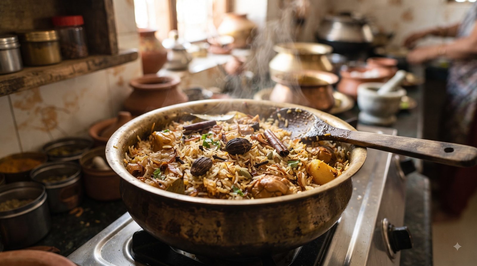 Biryani cooking in a heavy pot with whole spices including cardamom