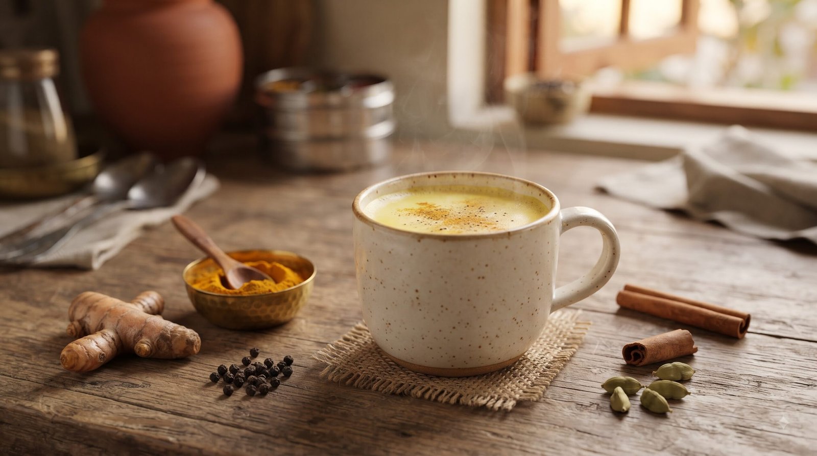 Preparing haldi doodh turmeric milk at home in India