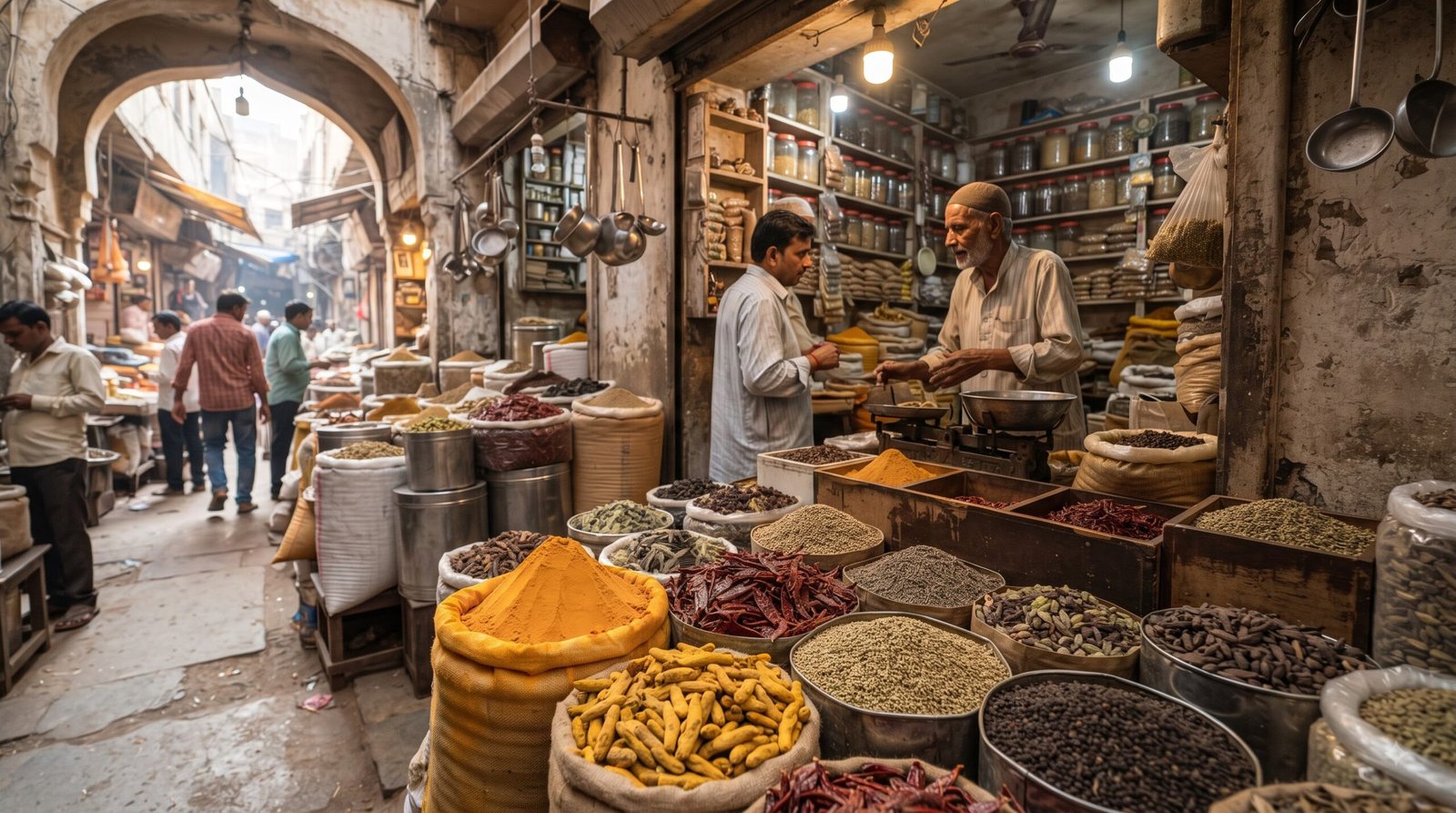 Spice merchants working in an Old Delhi spice market