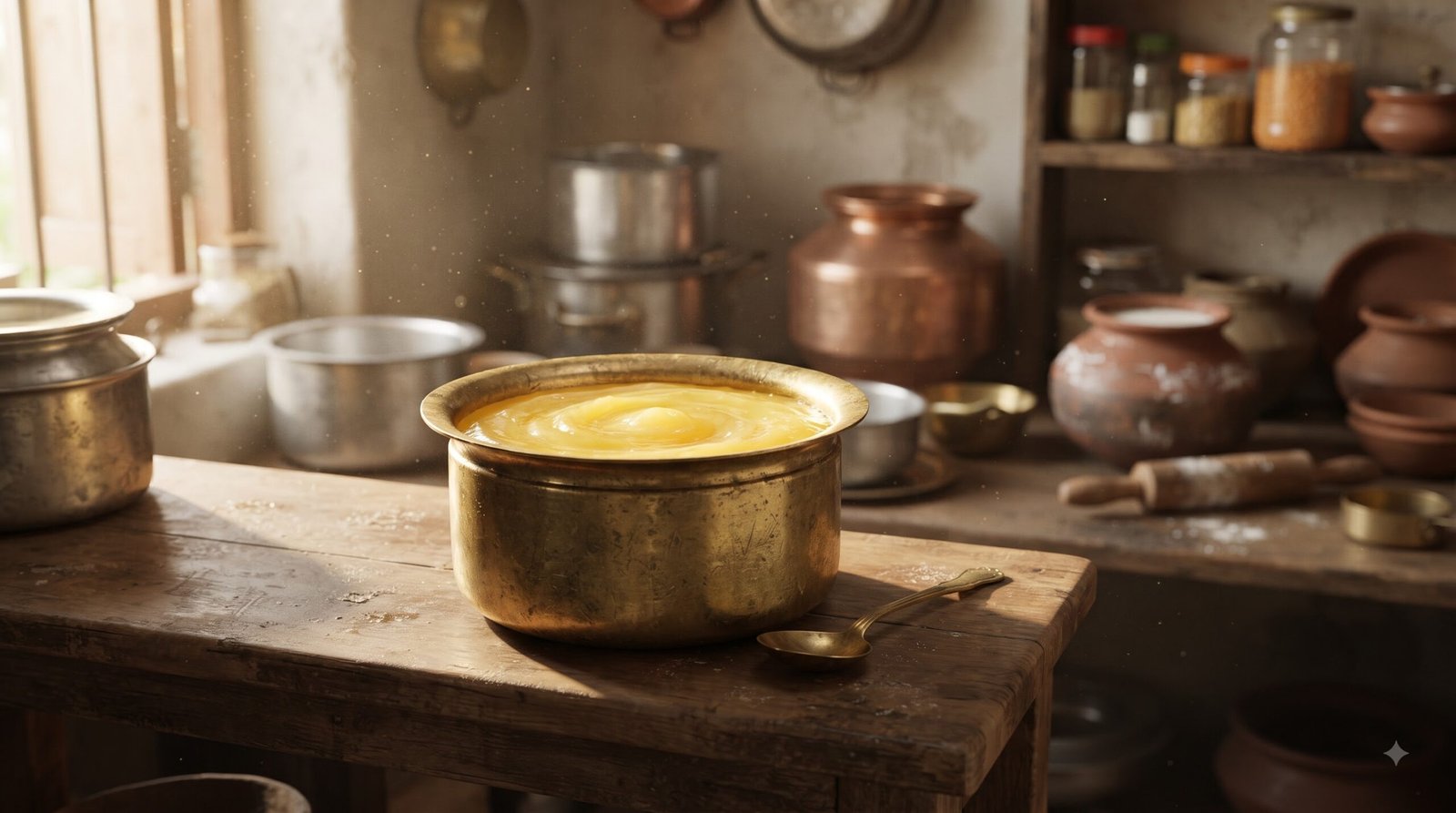 Traditional Indian ghee stored in a jar in a home kitchen in Delhi